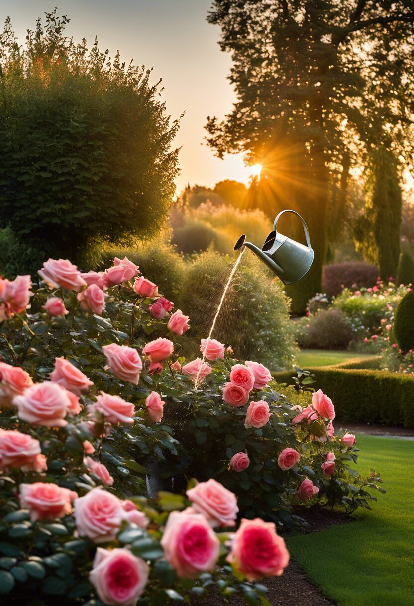 Person watering a blooming rose bush at sunrise, highlighting the tranquility of early morning garden care.