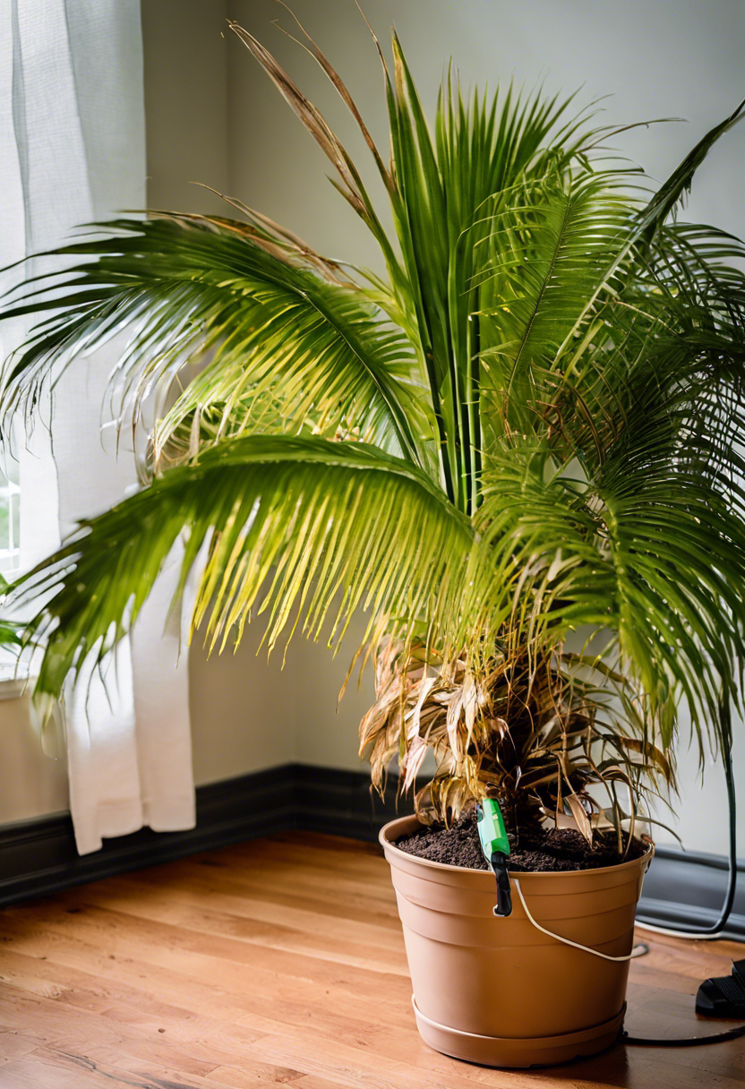 A distressed Majesty Palm with brown tips and drooping leaves, beside a moisture meter, fertilizer, and shears for revival.