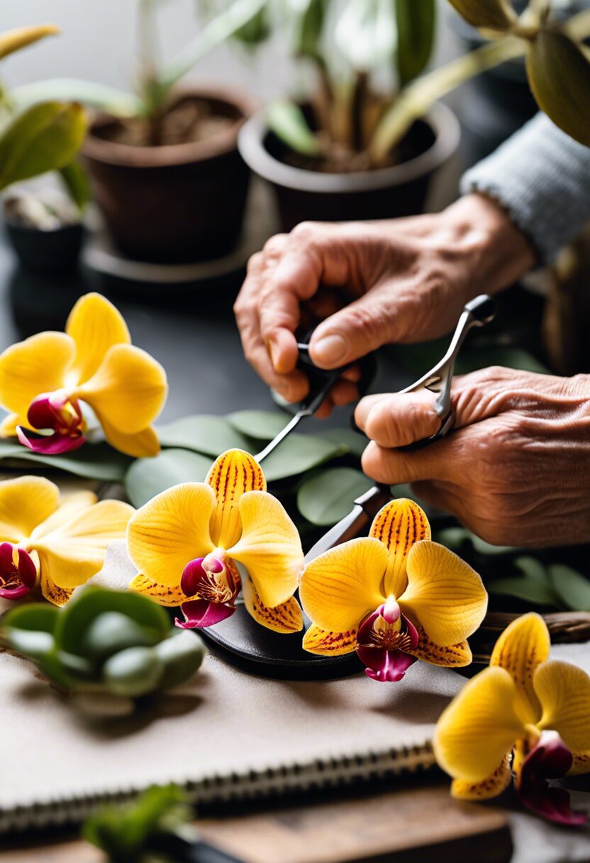 Hands examining a yellow-leaved orchid on a workbench with gardening tools and a notebook.