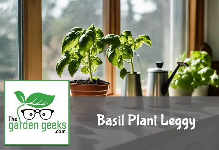 Leggy basil plant on a countertop with shears, fertilizer, and a watering can, near a window for sunlight.