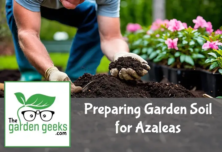 Gardener amending soil with organic matter for azaleas, focusing on rich, dark soil and blurred azalea plants in the background.
