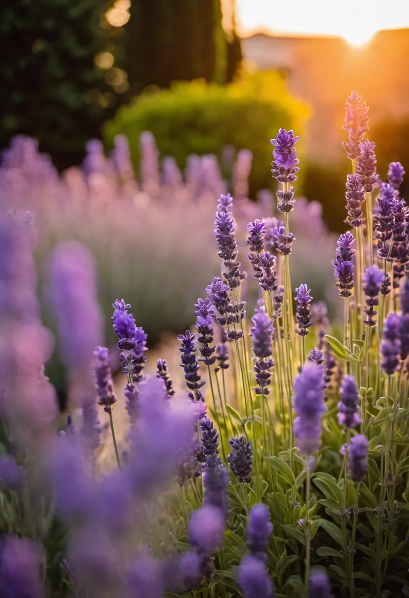 A gradient of lavender varieties from most to least hardy, bathed in golden hour light, showcasing lush blooms.