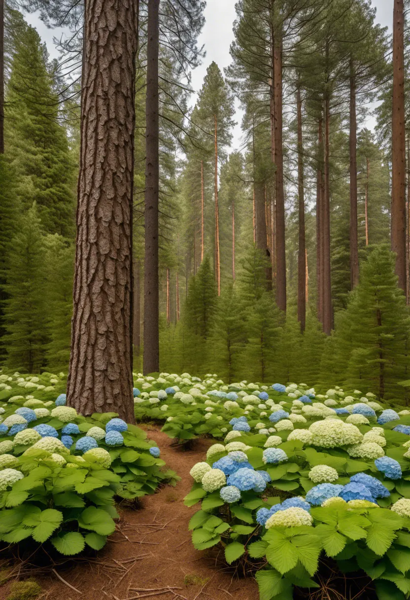 Pine forest with a pH meter in soil and a struggling hydrangea under the morning light.