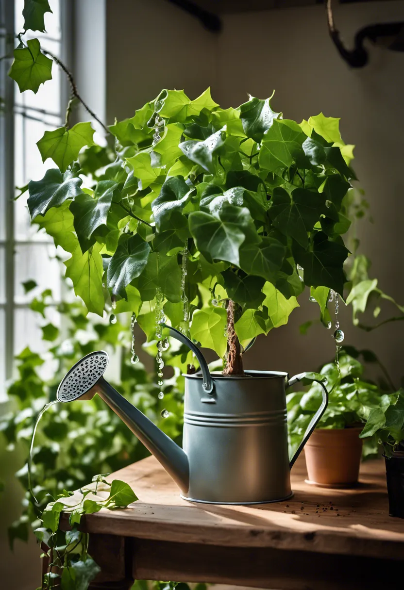 Lush ivy in a hanging pot with water droplets on leaves, near a watering can on a table, and a moisture meter in soil.