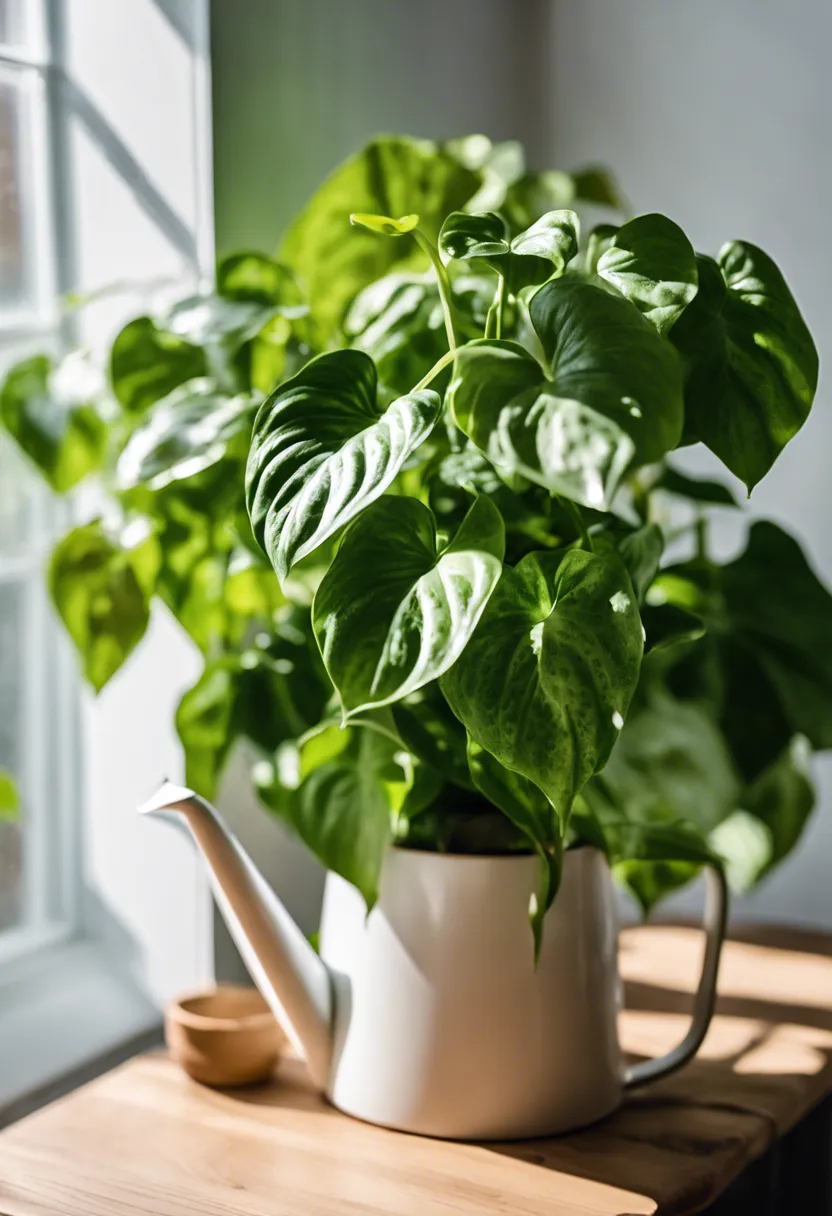 Pothos plant with both vibrant and wilted leaves next to a watering can on a table by a window, with a marked calendar in the background.