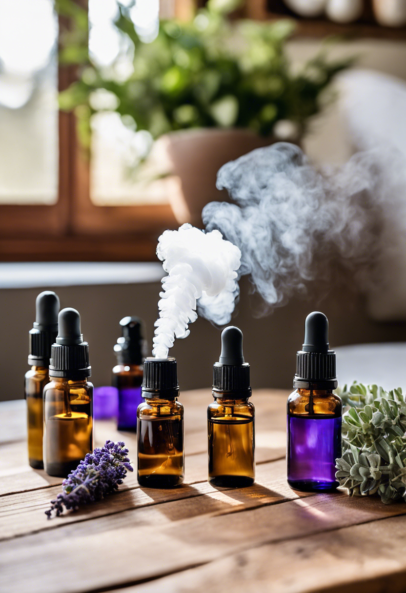 A serene indoor setting with essential oil bottles, a diffuser misting, and pet toys on a wooden table.