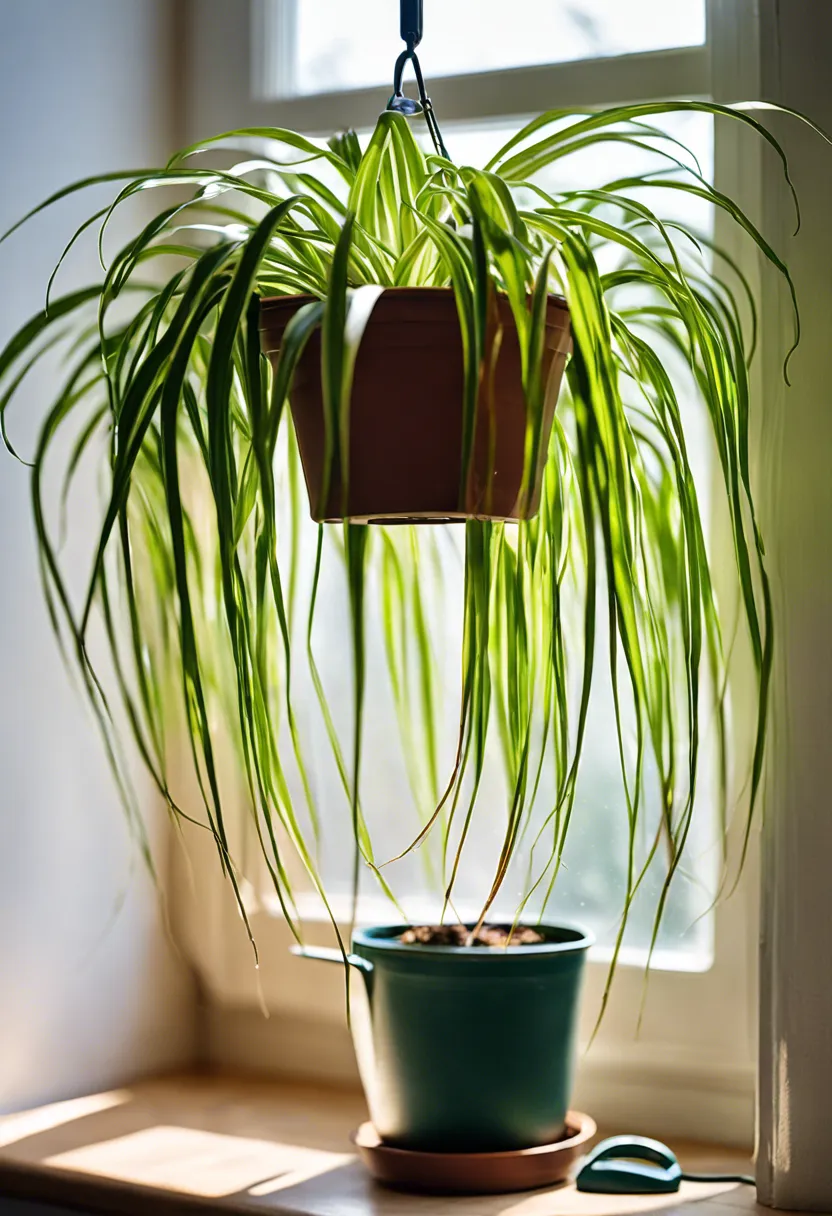 Spider plant in a hanging pot by a window, showing wilting leaves and dry soil, with a moisture meter and watering can nearby.