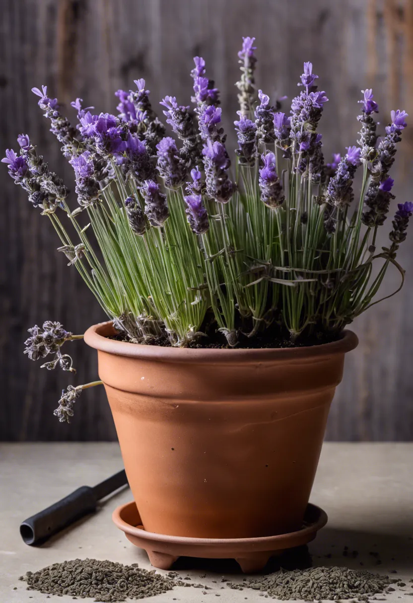 Lavender plant with wilted flowers in a waterlogged pot, surrounded by a soil aerator and a pot with drainage holes.