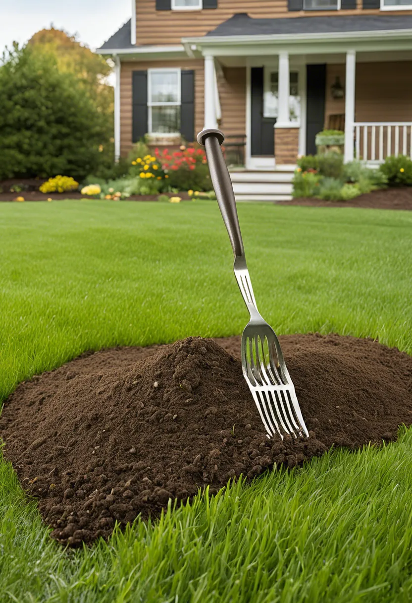 A lawn with yellow and brown patches, a gardening fork in soil, beside a watering can and fertilizer bag, under soft sunlight.