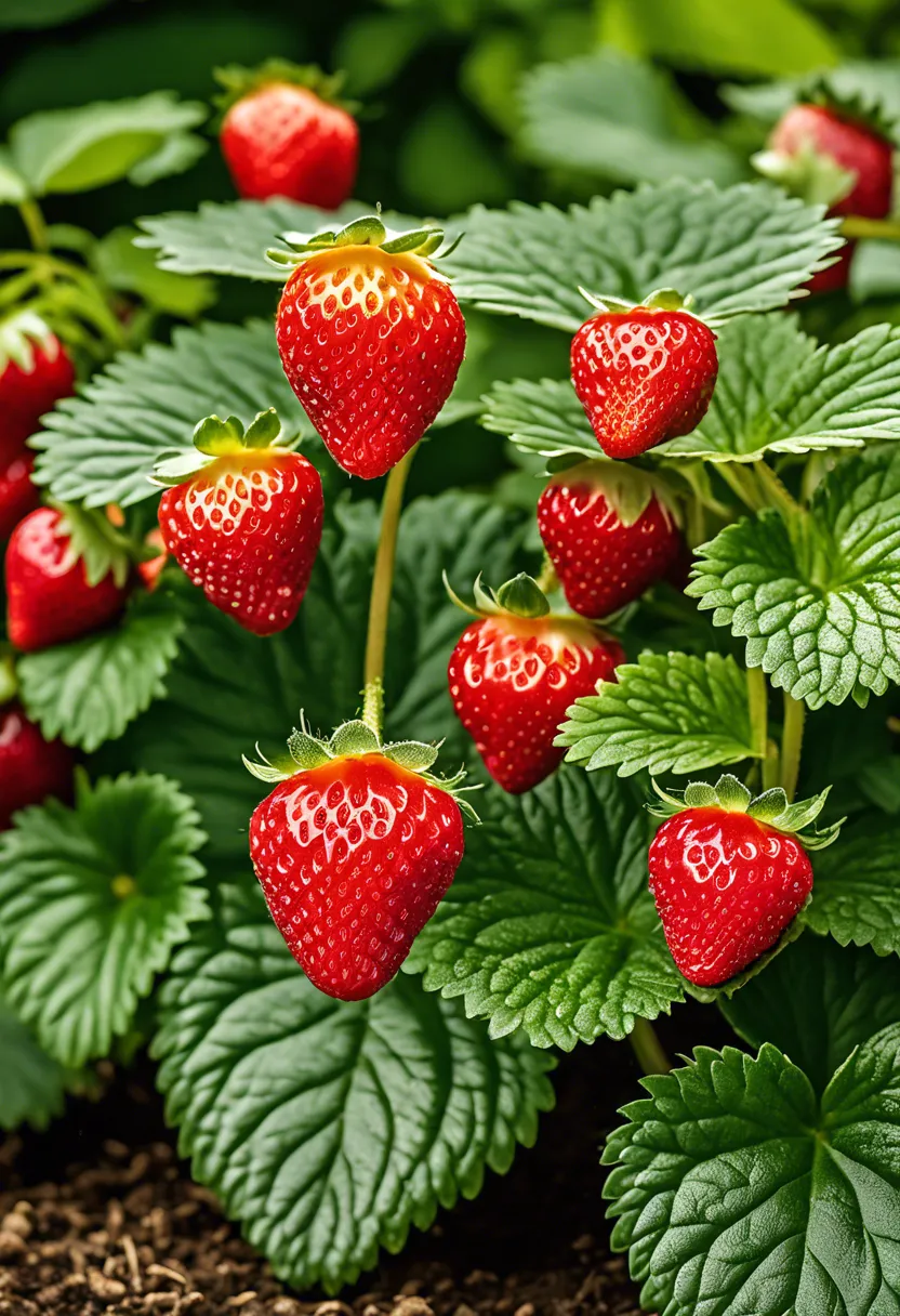 Vibrant 'Red Ruby' strawberries in a lush garden, contrasting against green foliage under sunlight.