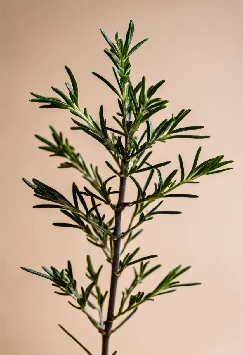 Close-up of a rosemary plant with blackened leaves and stems, beside neem oil and fungicide sprays.