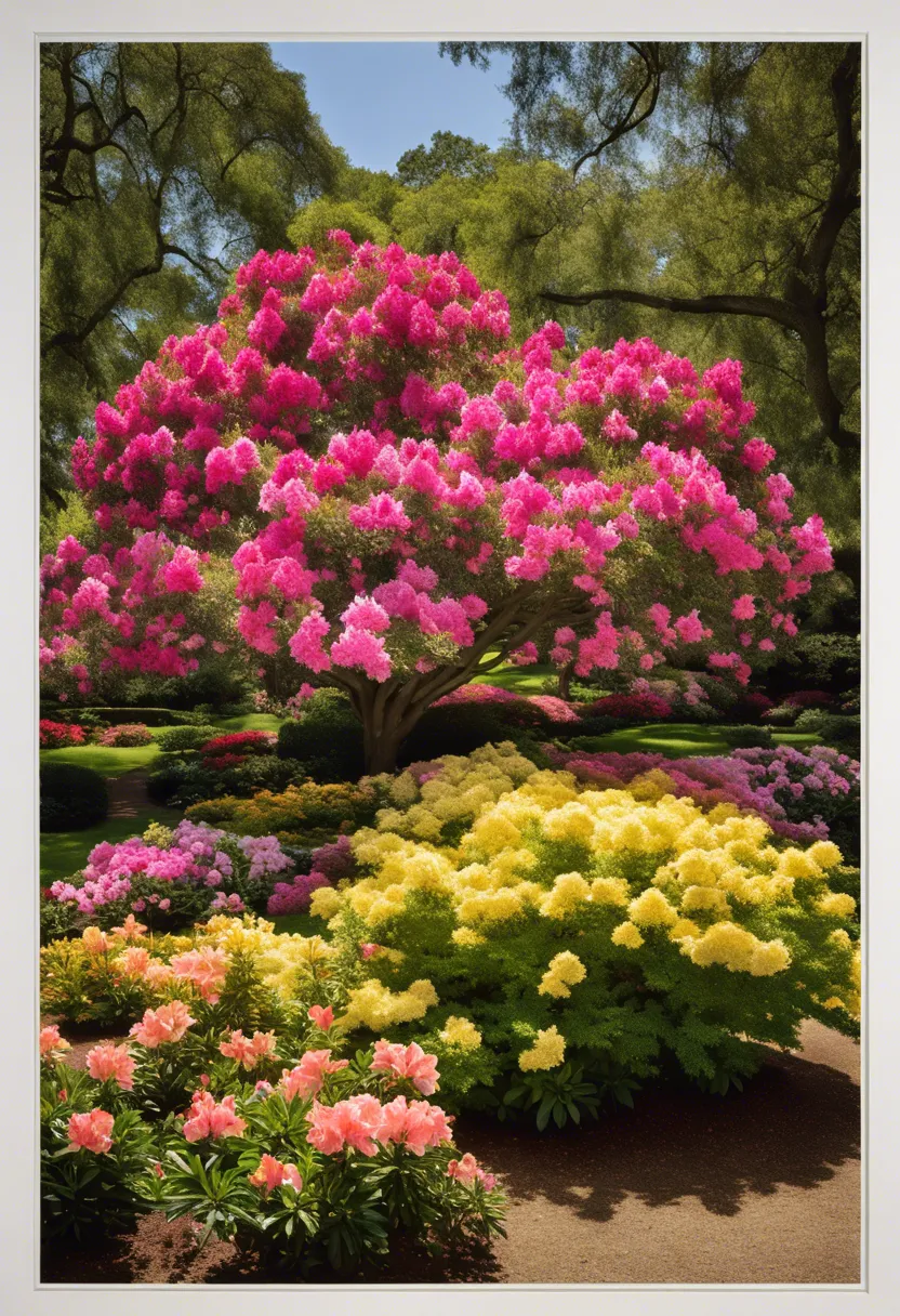 Azaleas in bloom, some in sunlight and others in shade, showcasing vibrant colors and health under a large tree.