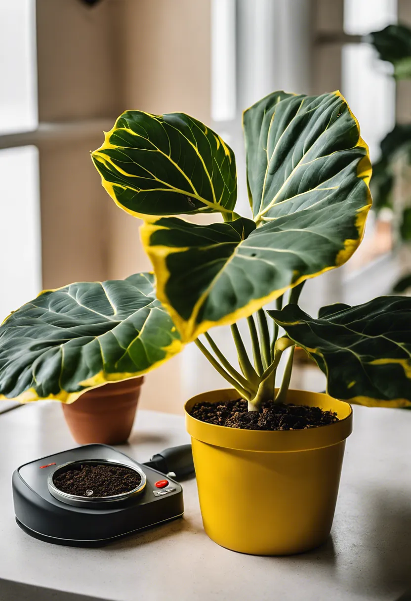 Alocasia plant with yellow leaves examined by a magnifying glass, near a humidifier and fertilizer.