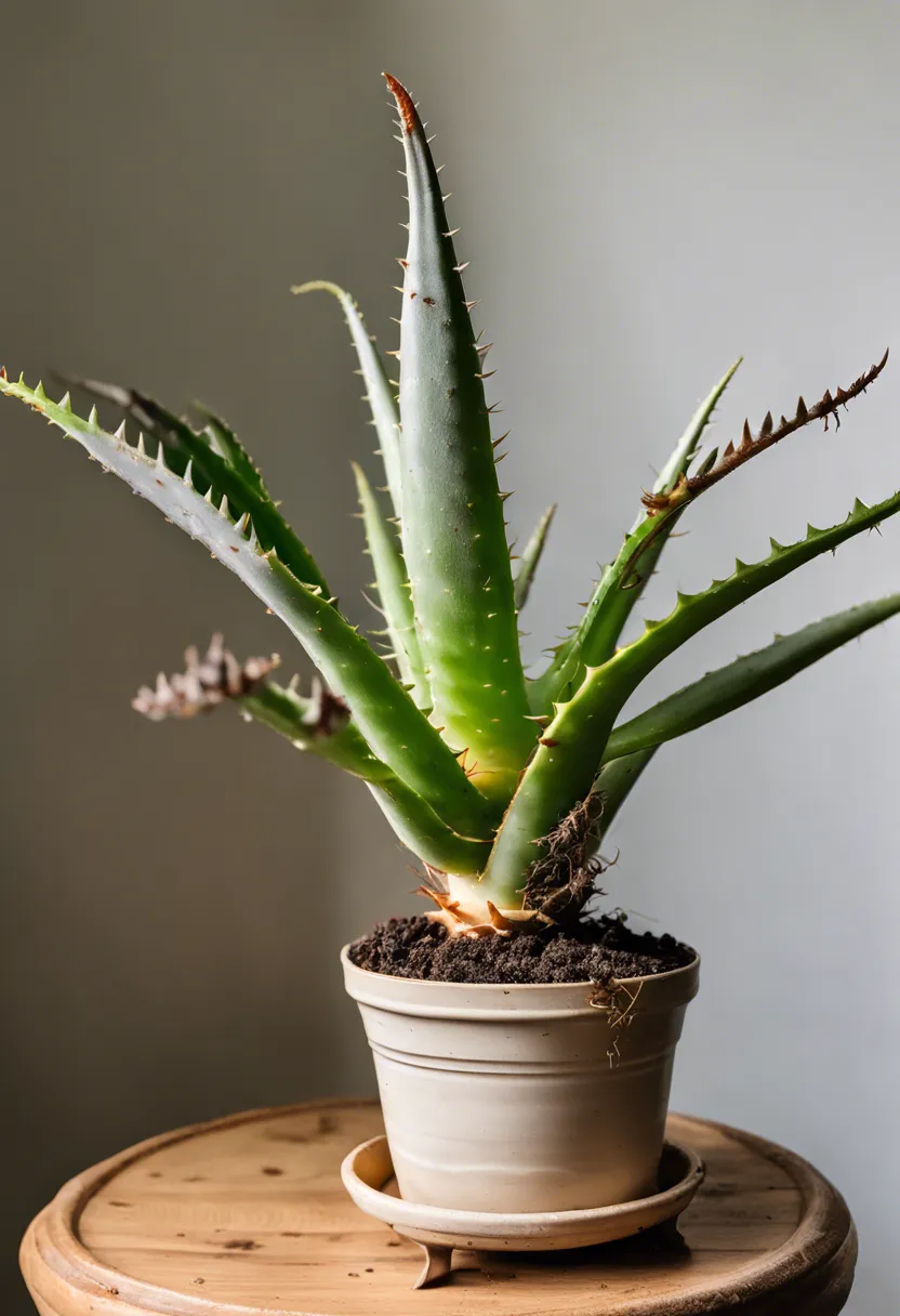 Aloe plant with drooping, yellow leaves in a clear pot showing moist soil and a moisture meter indicating high levels.
