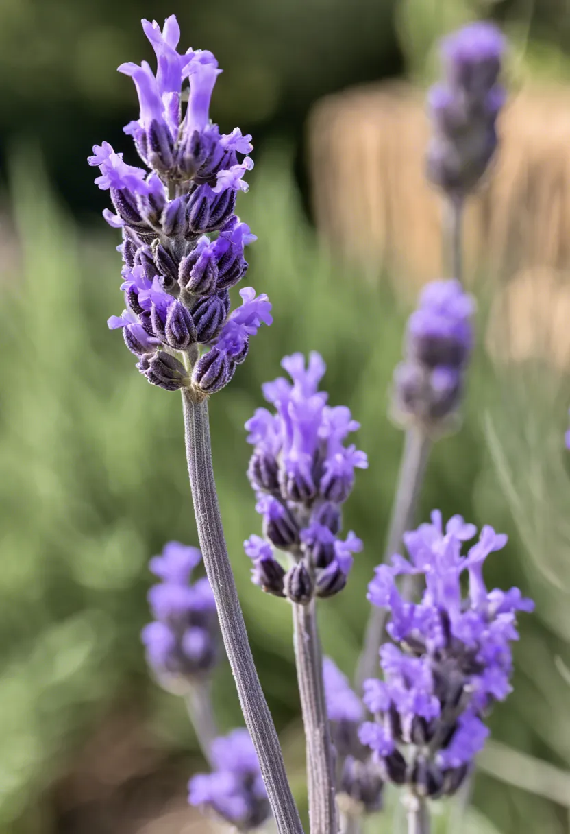 Close-up of an aging woody lavender plant with sparse foliage and few purple flowers, set against a blurred garden background.