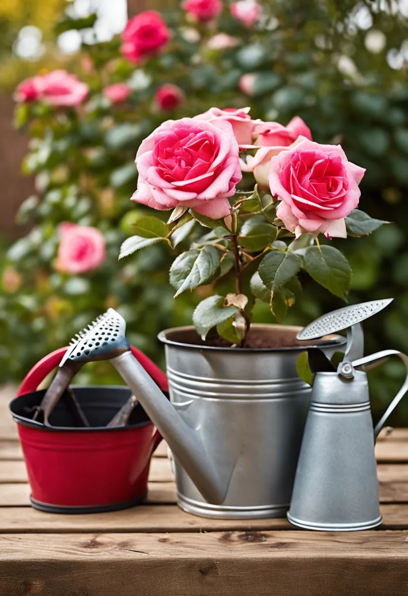 A distressed potted rose with wilted flowers and yellow leaves on a table, surrounded by gardening tools.