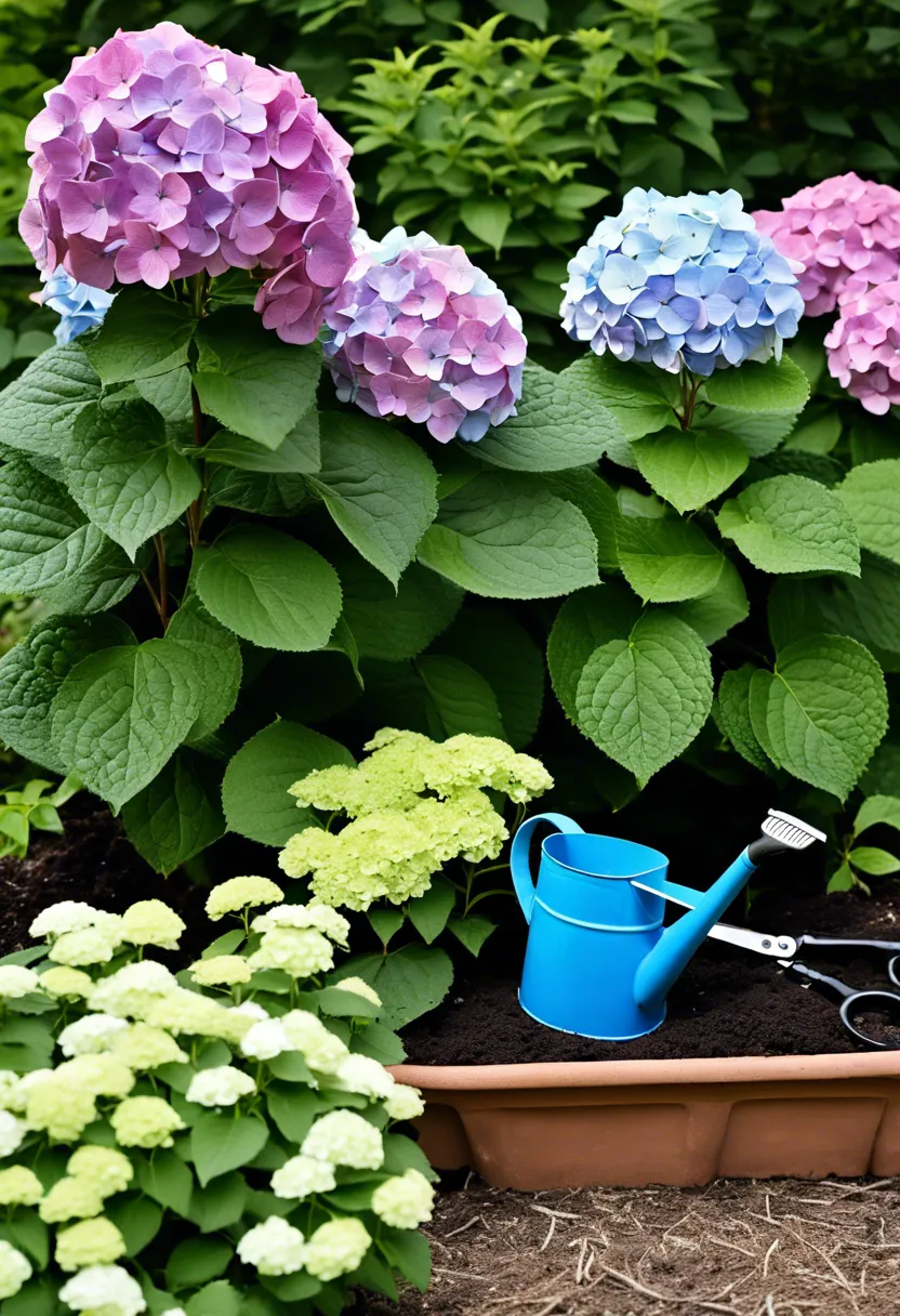 A hydrangea bush with sparse blooms, surrounded by pruning shears, a soil pH tester, and a watering can in soft morning light.