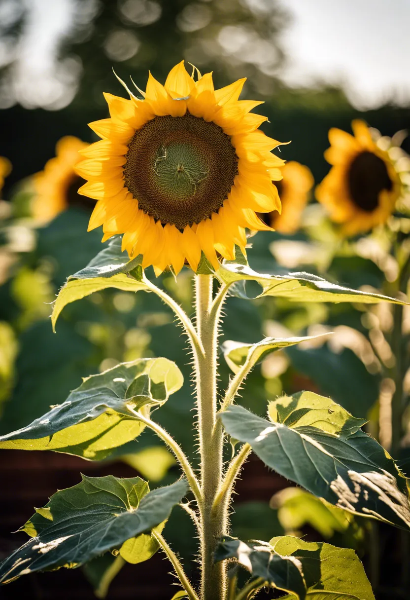 A wilted sunflower with discoloration, surrounded by gardening tools and organic fertilizer, indicating care efforts.