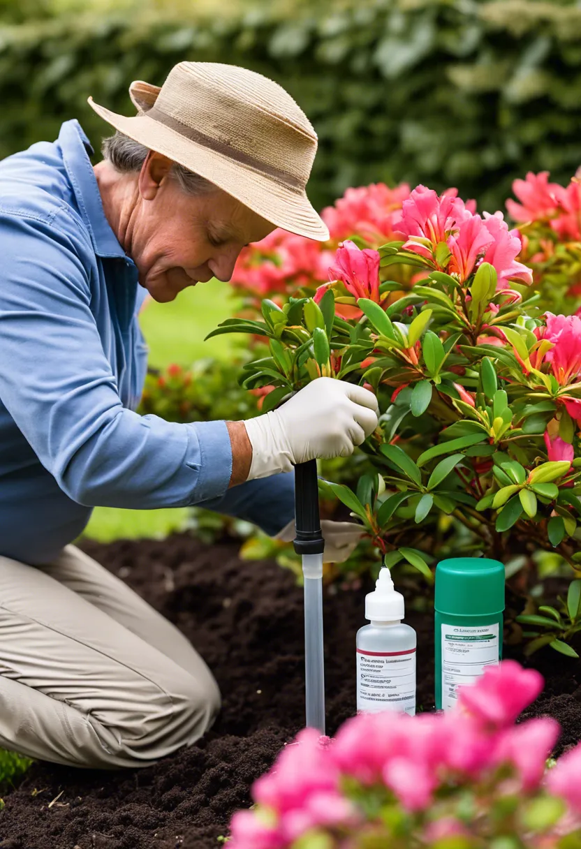 Gardener kneels beside azalea bush, testing soil pH, with gardening tools nearby in a lush garden.