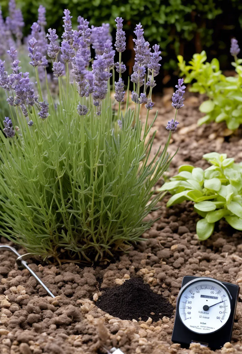 Lavender plant with yellowing leaves in acidic soil, indicated by a pH meter and surrounding pine needles and oak leaves.