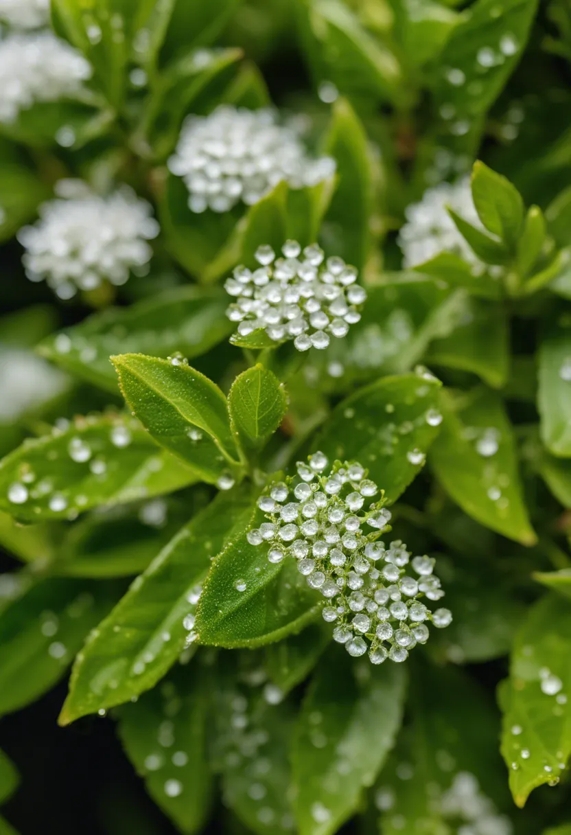 Close-up of Baccharis magellanica with dew-covered leaves and white flowers, in a blurred natural background.