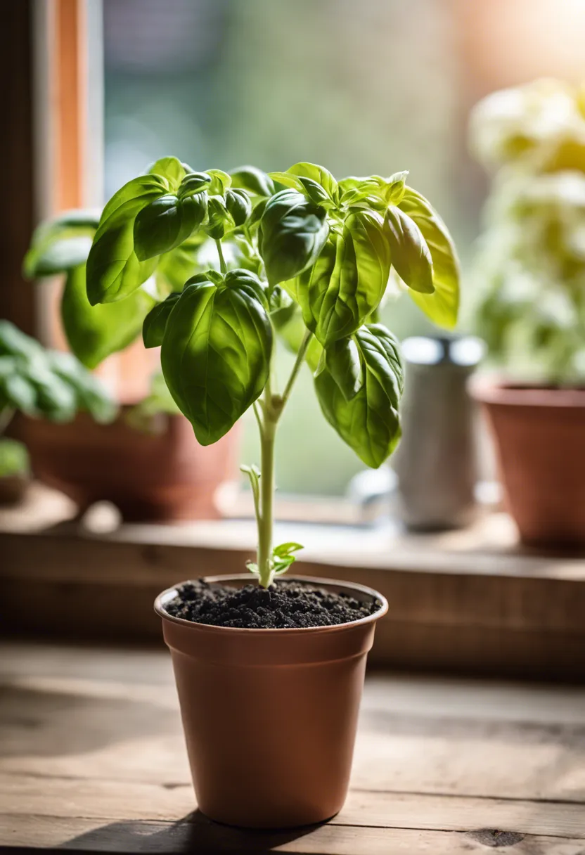 Leggy basil plant in a small pot with pruning shears and fertilizer on a wooden table, blurred kitchen background.