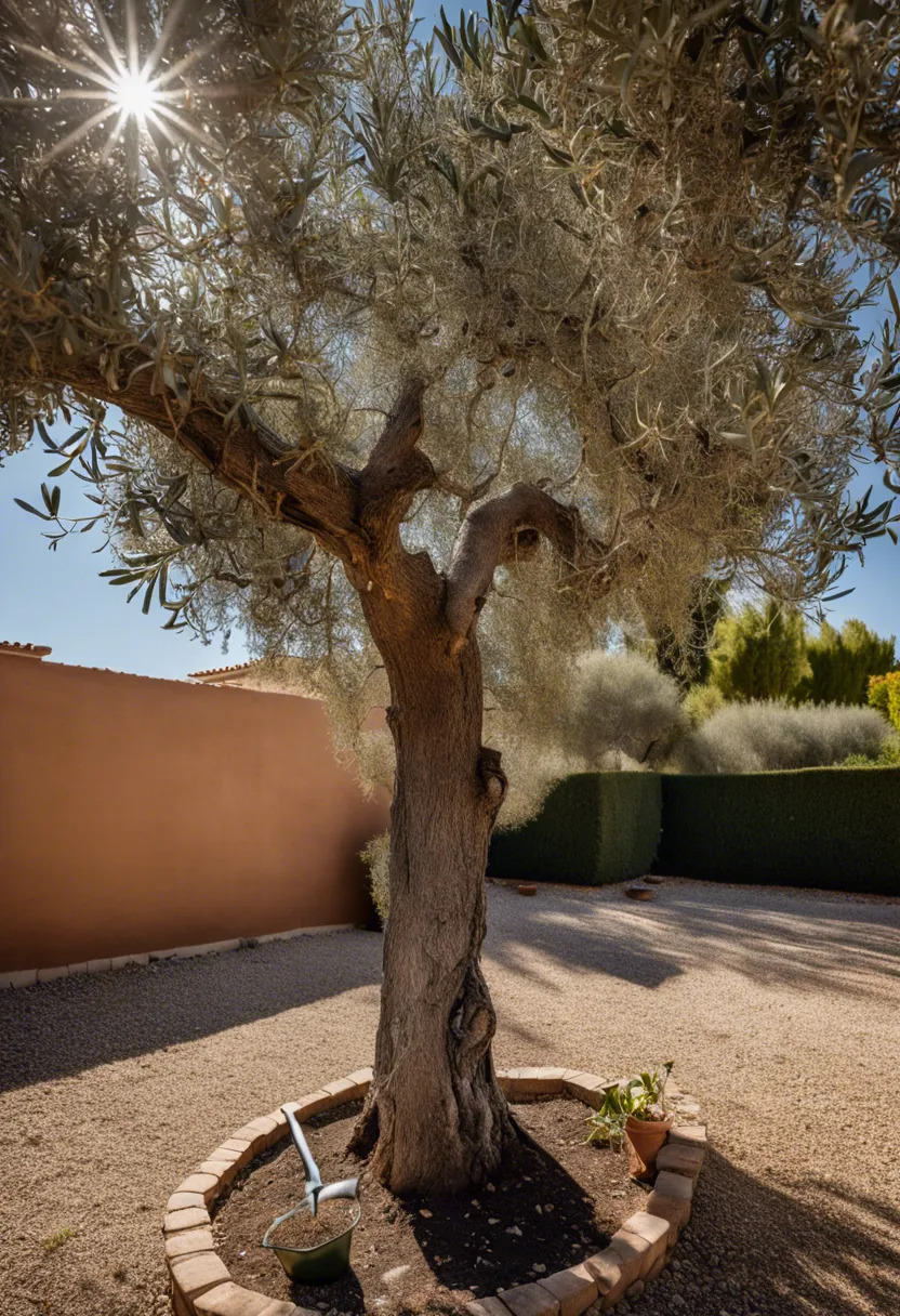 Distressed olive tree with wilted leaves and dry branches, surrounded by gardening tools and organic fertilizers.