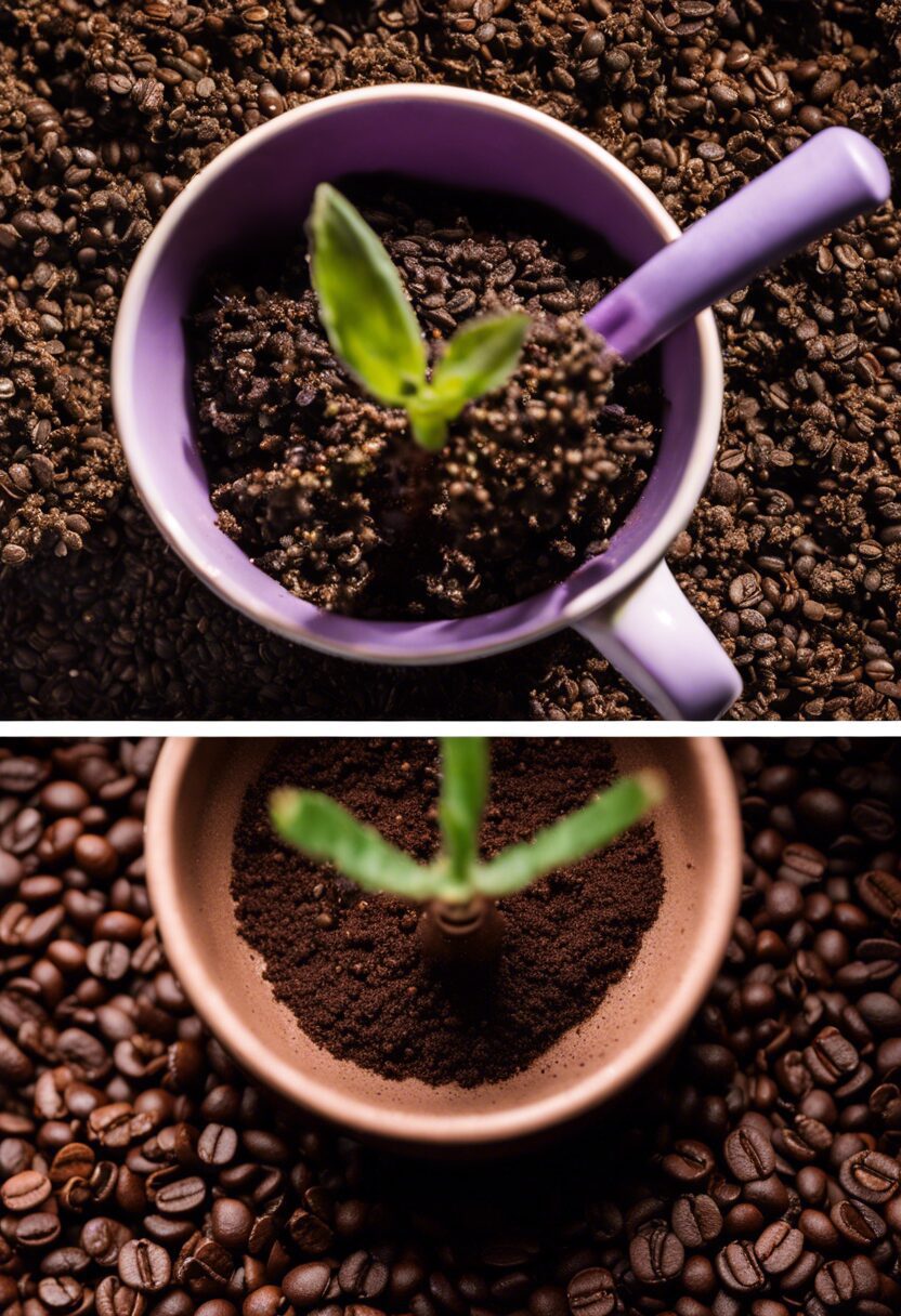 Split-image showing a thriving lavender with coffee grounds in soil on left, and a stressed one on right, against a neutral background.
