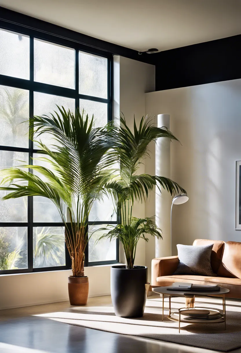 A well-lit living room corner with a tall indoor palm in a modern pot, beside a small humidifier and watering can.