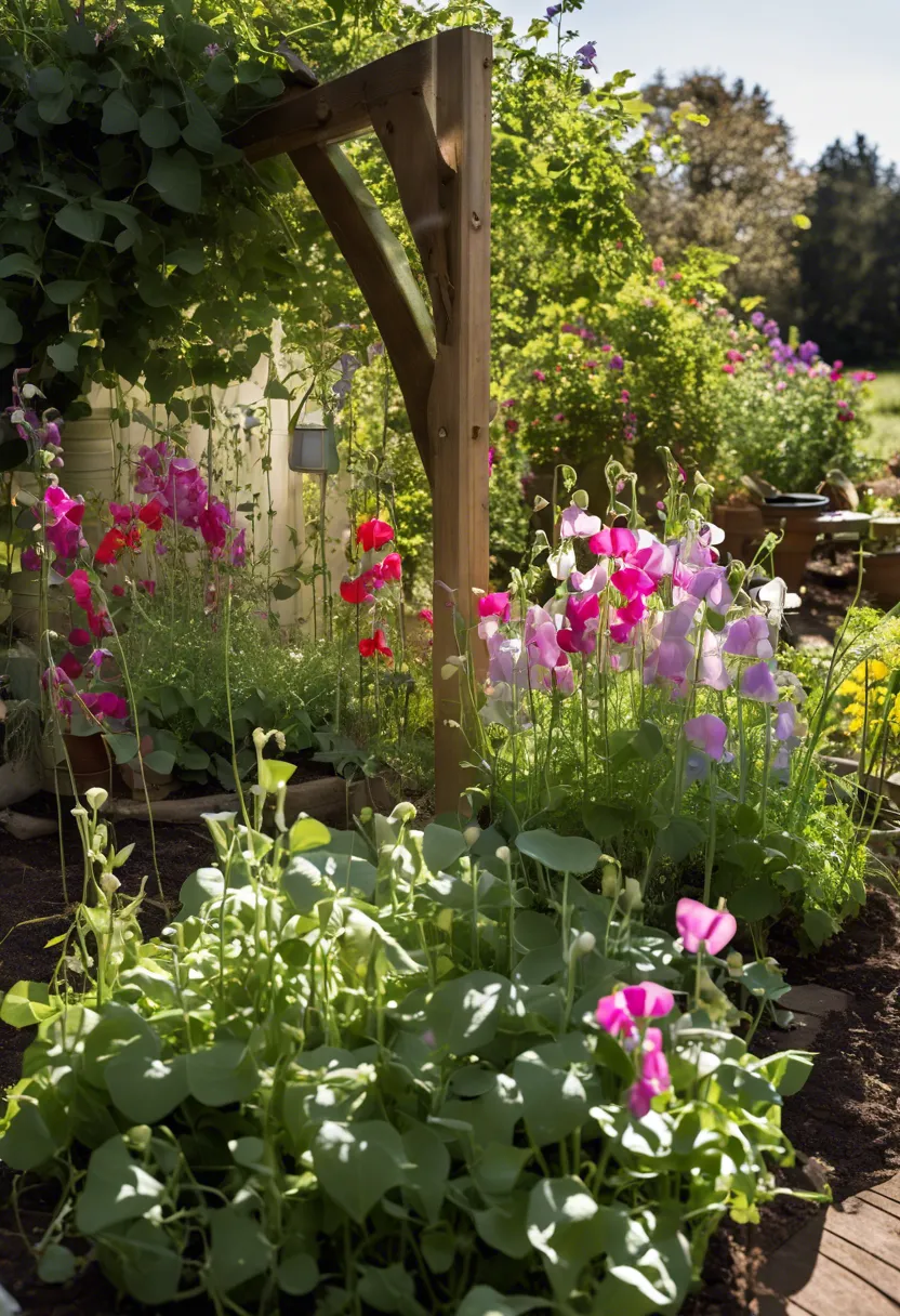 Garden corner with sparse sweet pea blooms in shade, contrasting with thriving flowers in sunlight, plus gardening tools.
