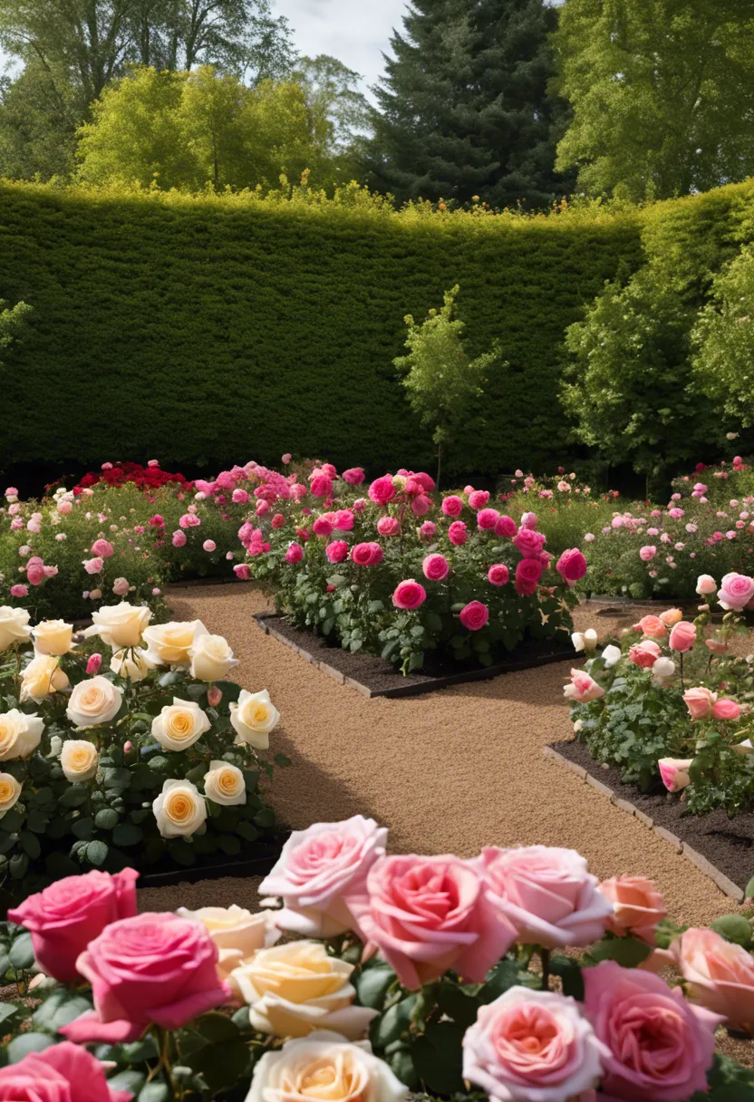 A rose garden with various roses labeled by variety and recommended planting distances, showcasing healthy growth.