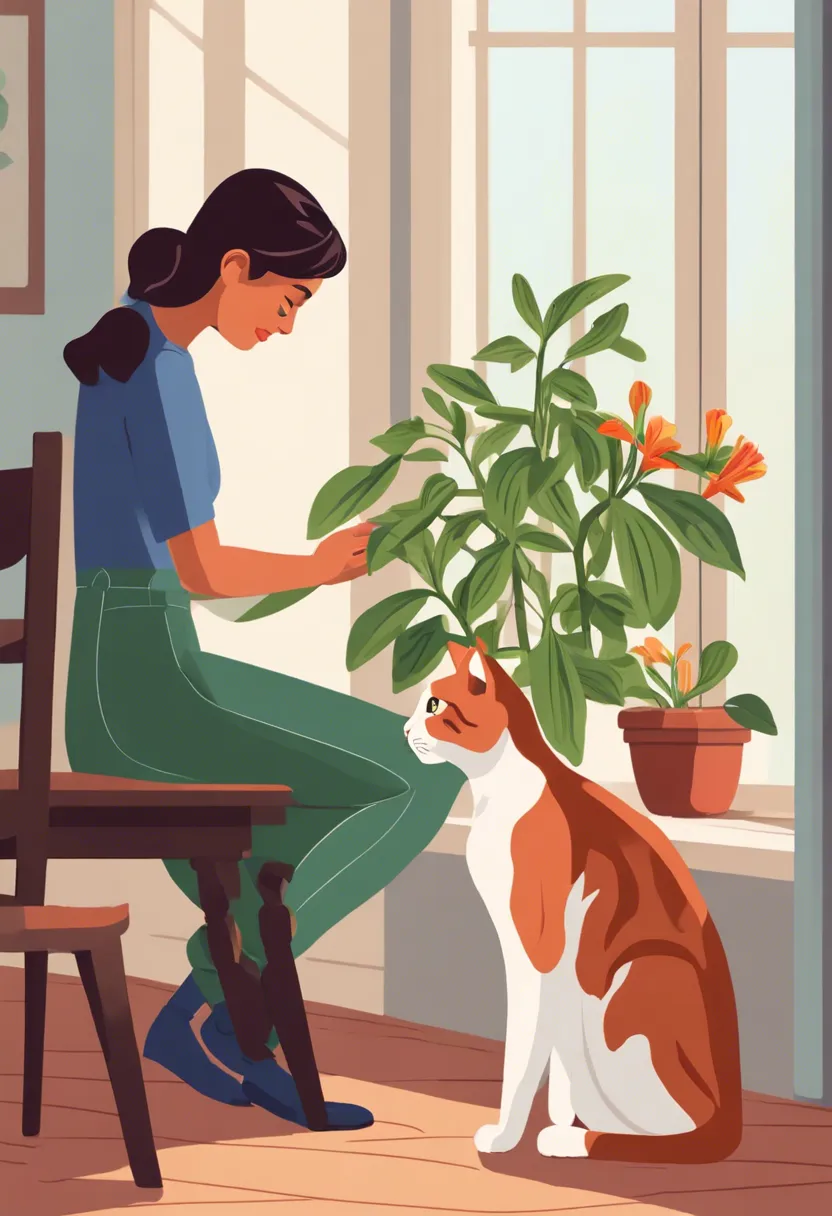 A cat observes an Alstroemeria plant, with a pet safety book open nearby, highlighting the plant's potential danger to pets.