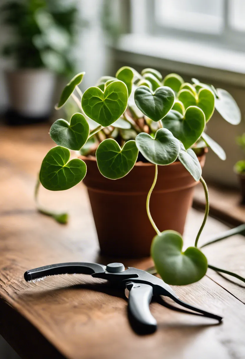 Close-up of a String of Hearts plant with curling leaves on a wooden table, next to a spray bottle and gardening shears.