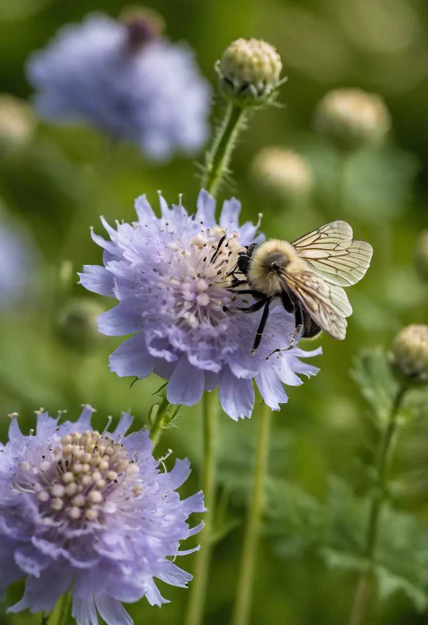 Lavender-blue Shepherd’s Scabious flowers in bloom with bees and butterflies, set against a green backdrop.
