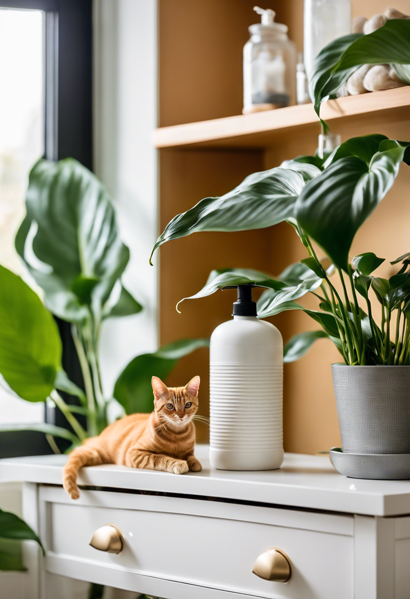 A peaceful indoor scene with a peace lily on a high shelf away from cats, surrounded by citrus peels and a spray bottle.