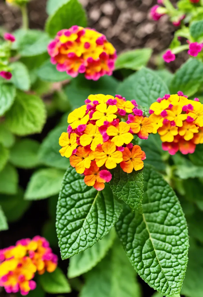 A stressed lantana plant with sparse foliage and no blooms, surrounded by healthy plants, aphids visible, and gardening tools nearby.