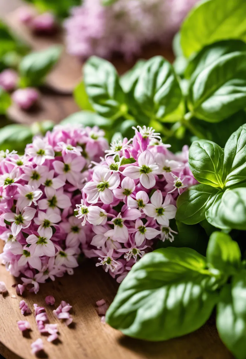 Close-up of basil flowers in bloom among green leaves, with a blurred kitchen background suggesting culinary use.