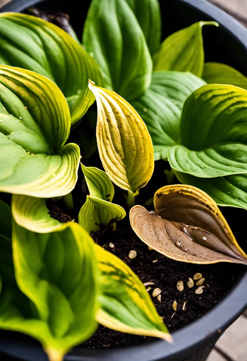 Healthy hosta plant in a pot with crushed eggshells and coffee grounds as slug deterrents, highlighted by morning dew.