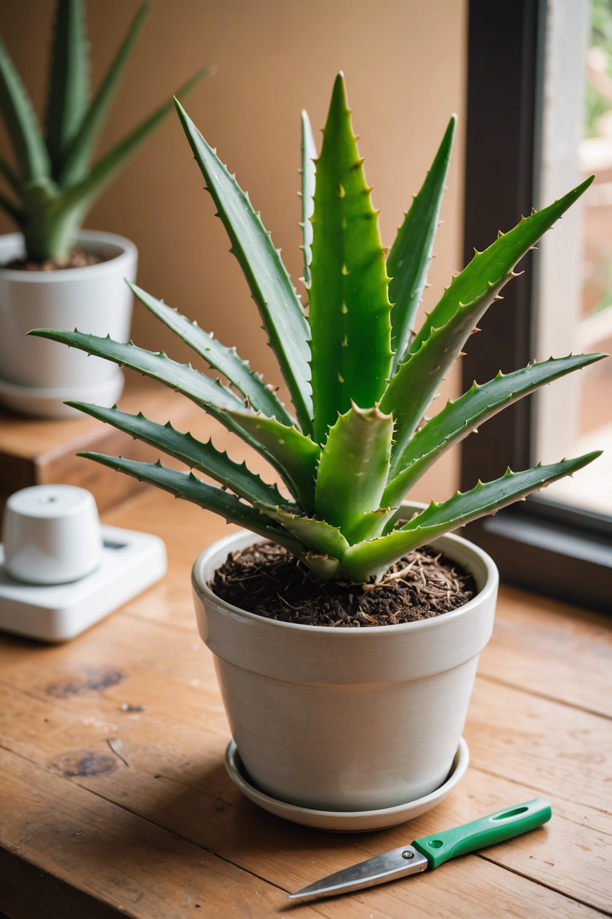 "Browning aloe vera plant in a ceramic pot on a wooden table, with healthy green aloes and plant care tools nearby."
