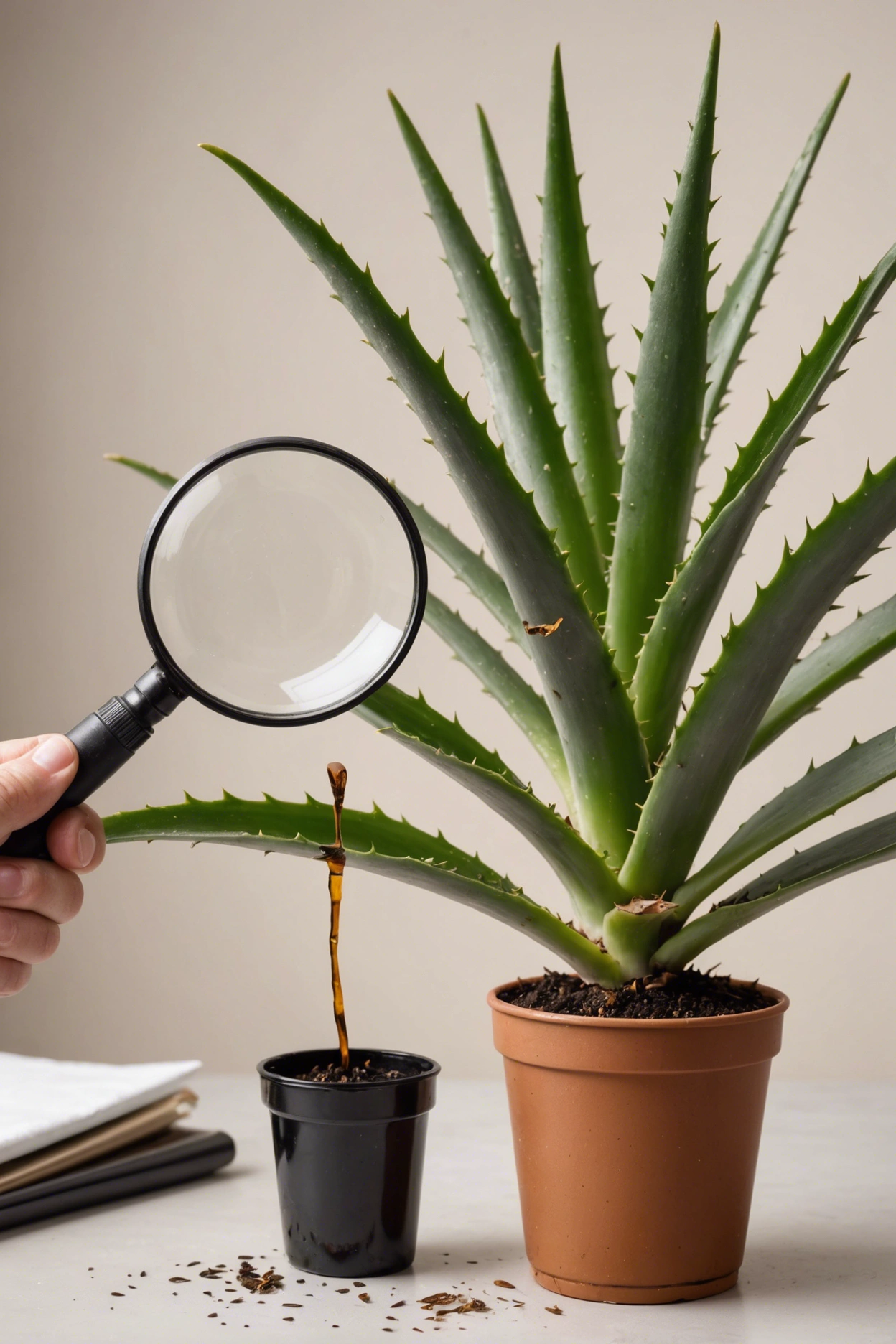 "Close-up of a wilting aloe vera plant with brown leaves, being inspected with a magnifying glass and surrounded by soil testing tools and nutrient solution."
