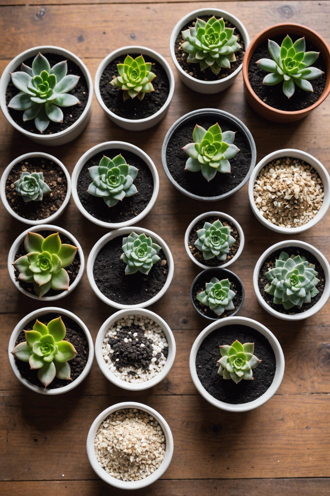 "Assorted potting soil components including coarse sand, perlite, peat moss, and compost on a wooden table with a healthy indoor succulent."