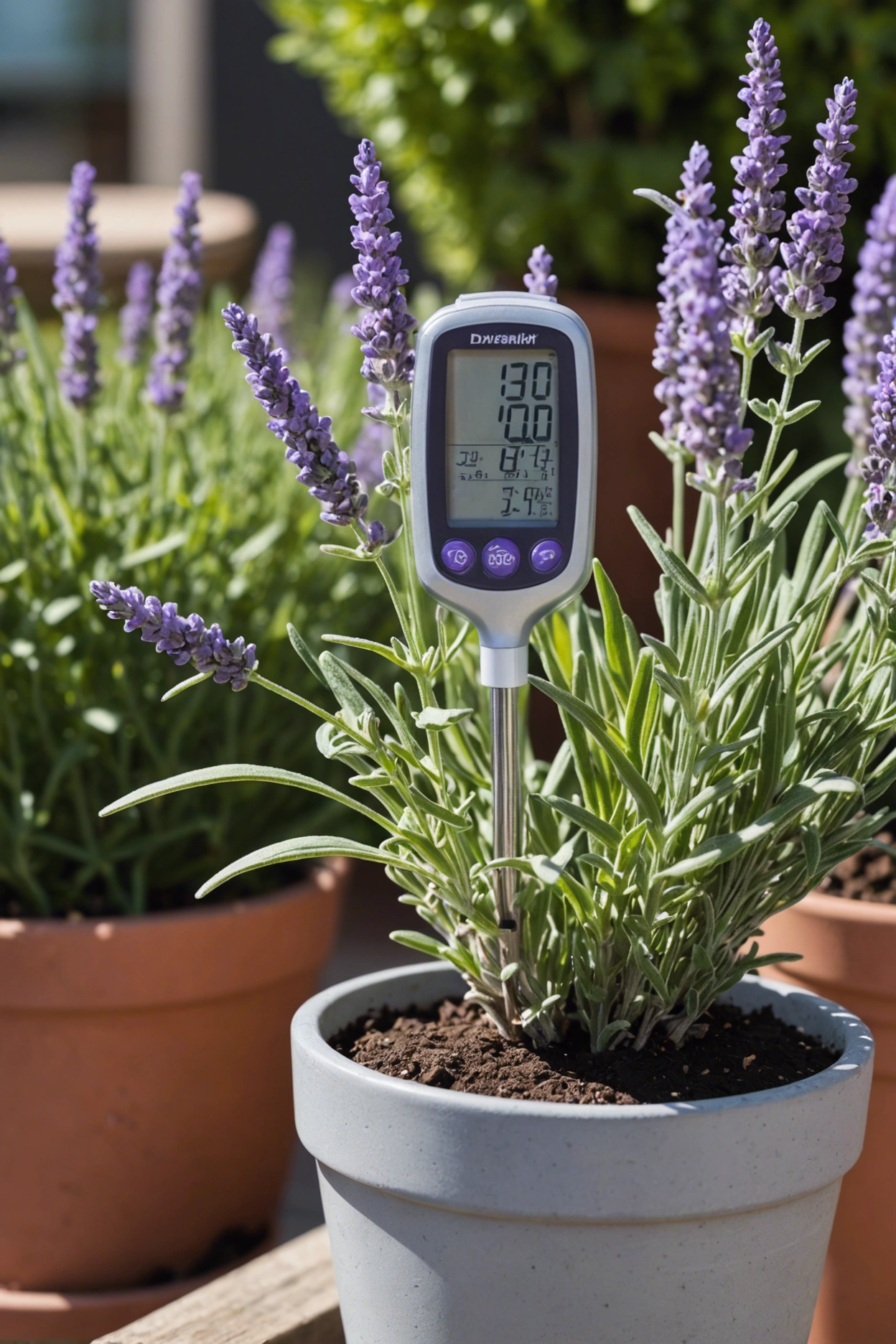"Healthy lavender plant in a pot next to a moderate temperature thermometer, with less thriving lavender in the background."