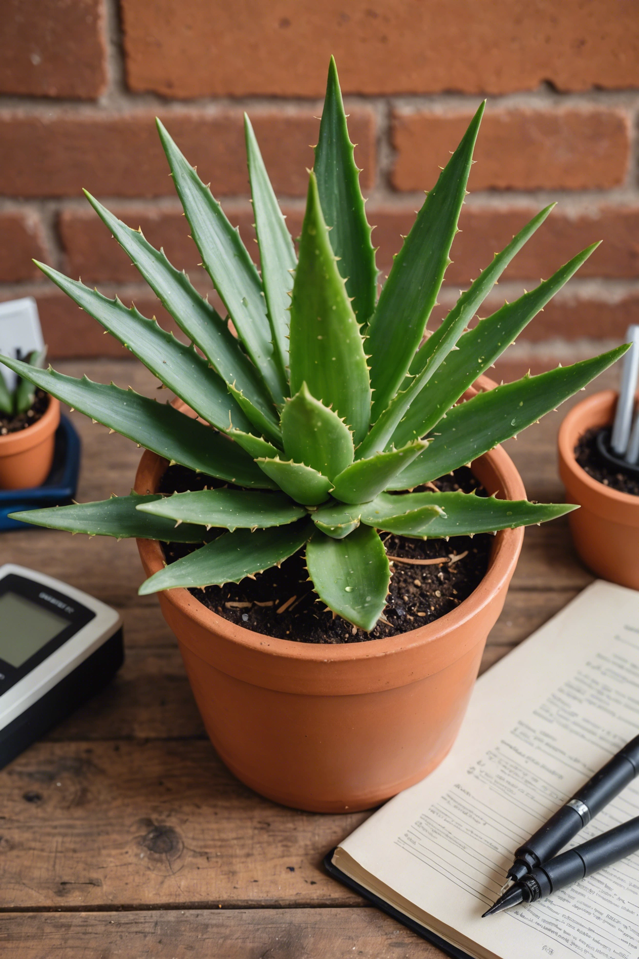 "A distressed aloe vera plant in a terracotta pot, surrounded by diagnostic tools and an open plant guide book."