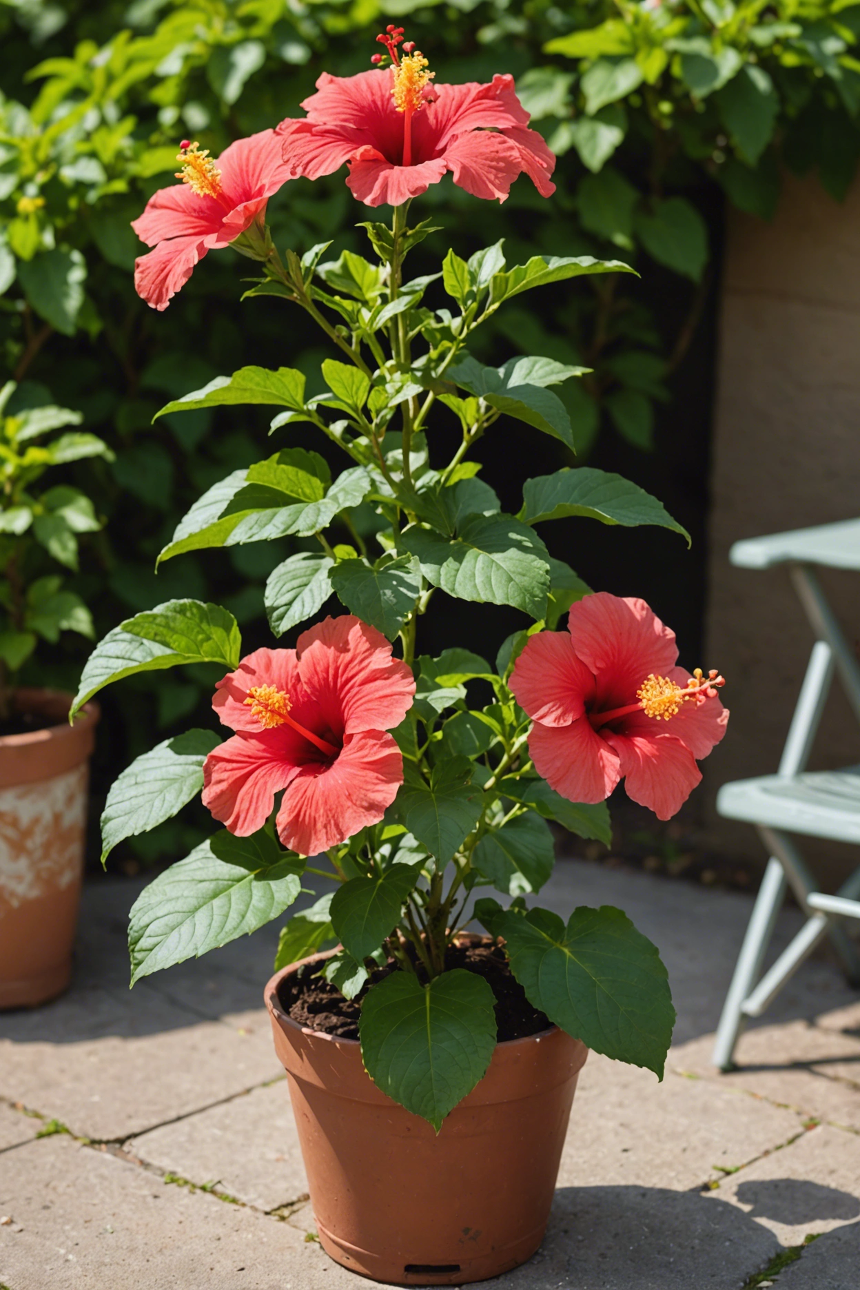 "A hibiscus plant with lush green leaves but no flowers in a sunny outdoor setting, with a bottle of fertilizer and pruning shears nearby."