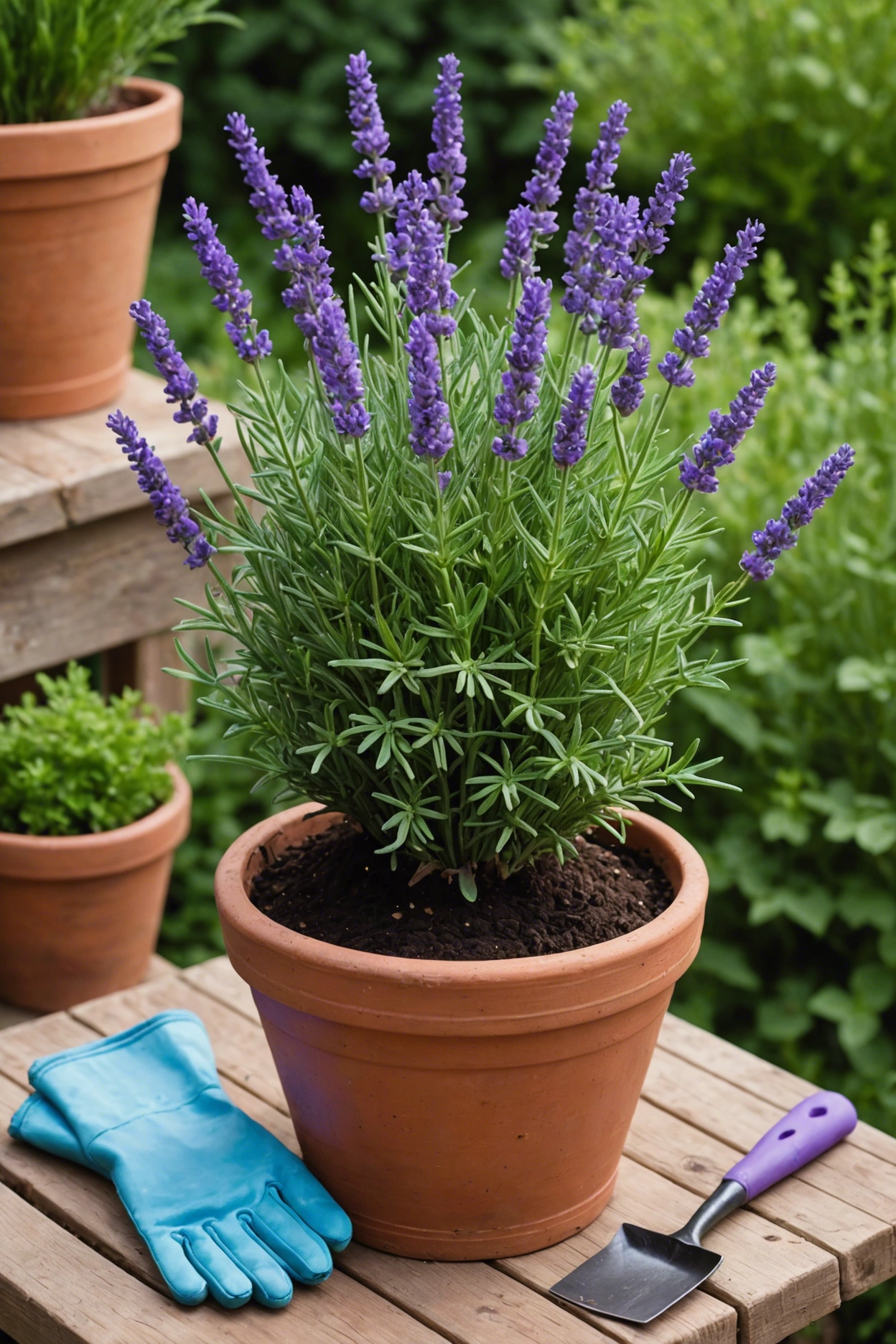 "Lavender Grosso plant in a terracotta pot on a wooden table, with gardening tools and soil mix nearby, set against a garden backdrop."