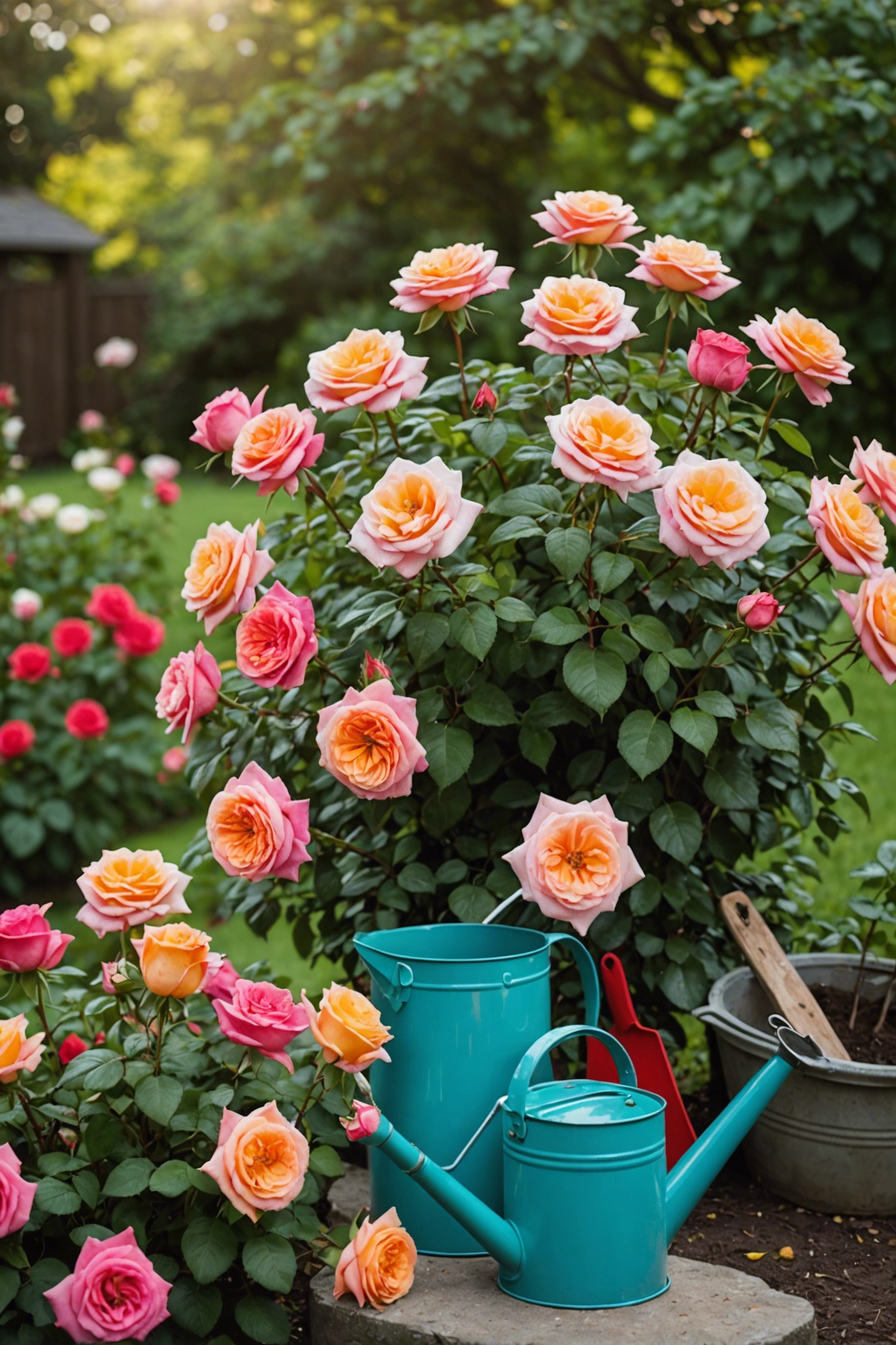 "Healthy rose bush in full bloom surrounded by gardening tools like pruning shears, a fertilizer bag, and a watering can in a blurred garden setting."