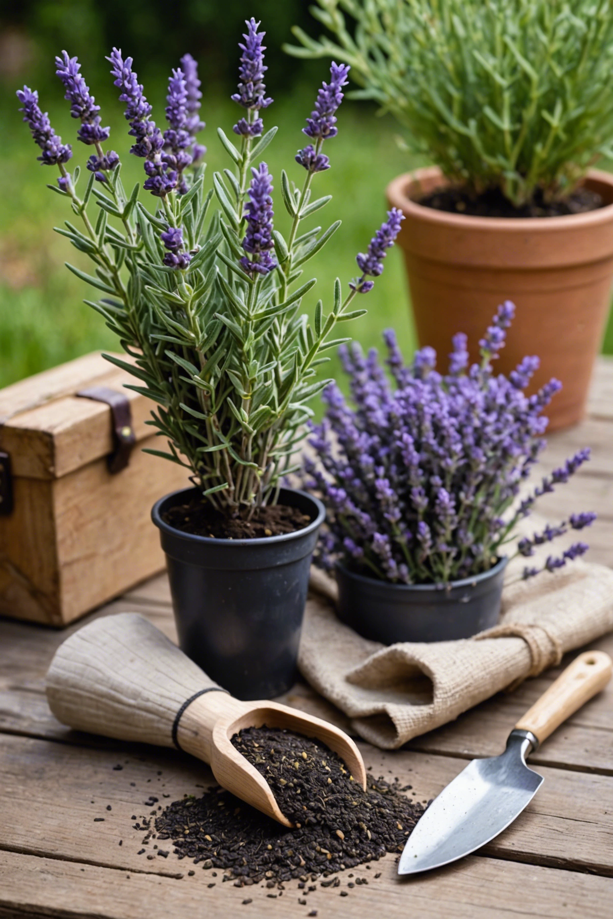 "Lavender 'Provence' plant with unopened buds on a table with gardening tools, soil mix, and an empty pot in the background."