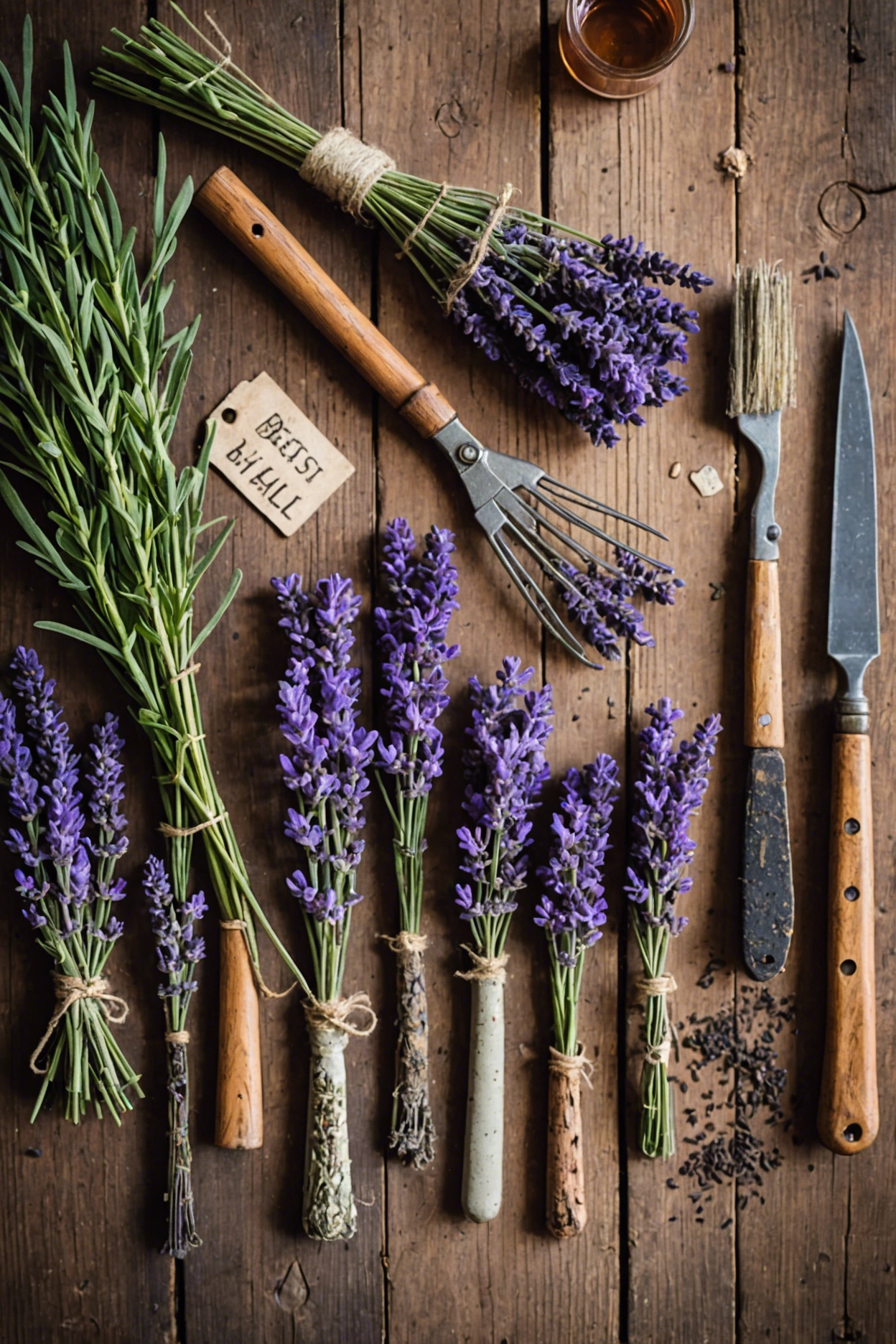 "Different lavender varieties on a rustic table with tags, garden shears, rooting hormone powder, and pots for propagation."