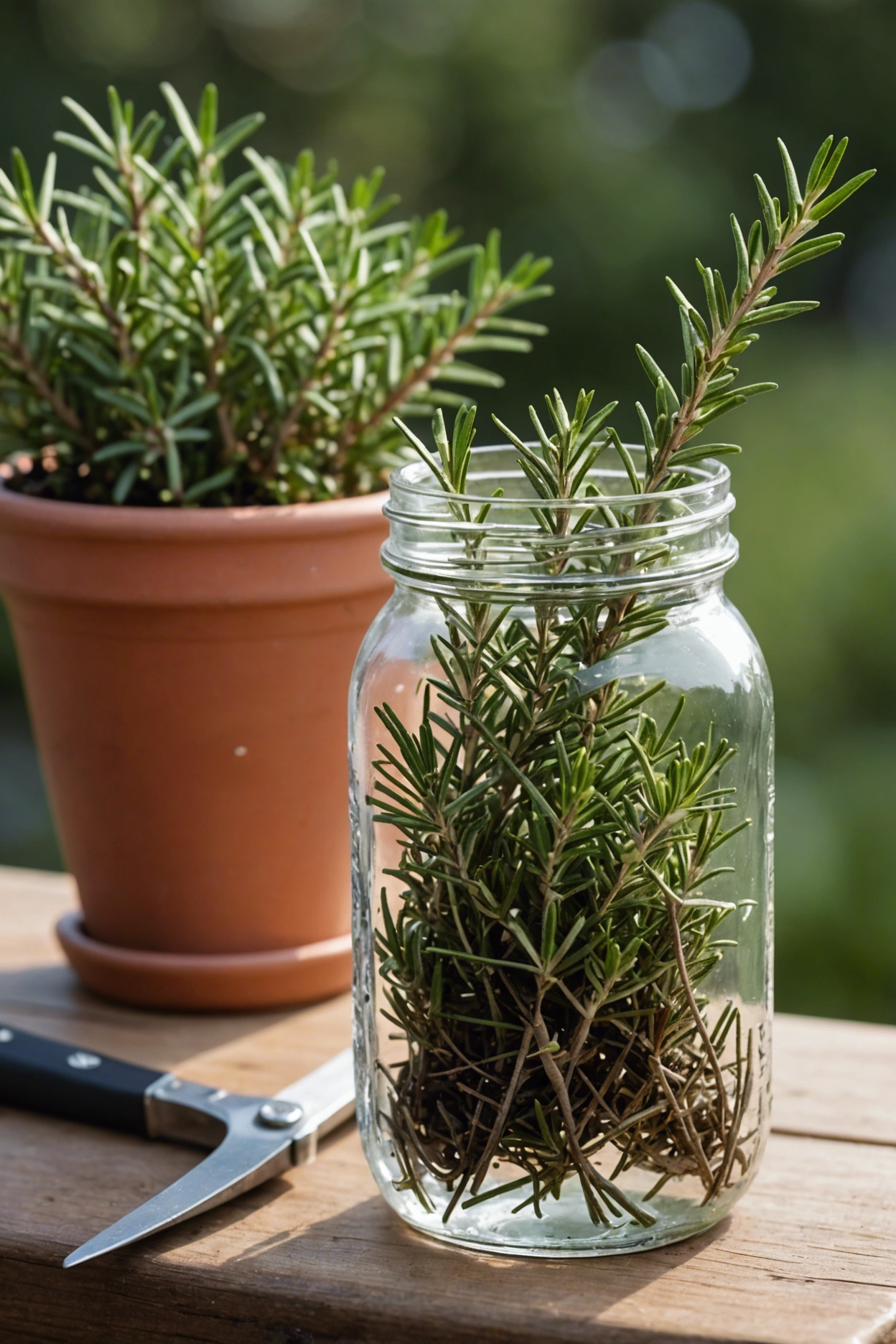 "Close-up of a healthy rosemary plant with new growth, next to gardening shears and a water jar, indicating propagation process."