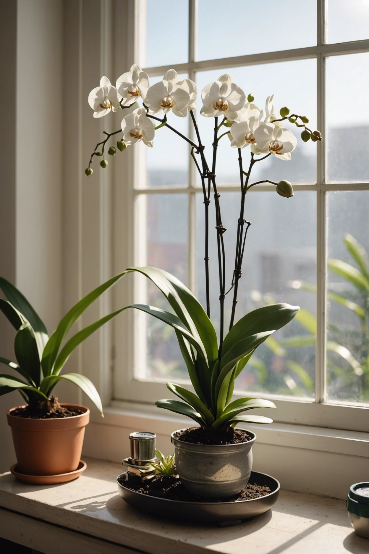 "Orchid plant with buds on a window sill, surrounded by a humidity tray, orchid fertilizer, and a temperature gauge."
